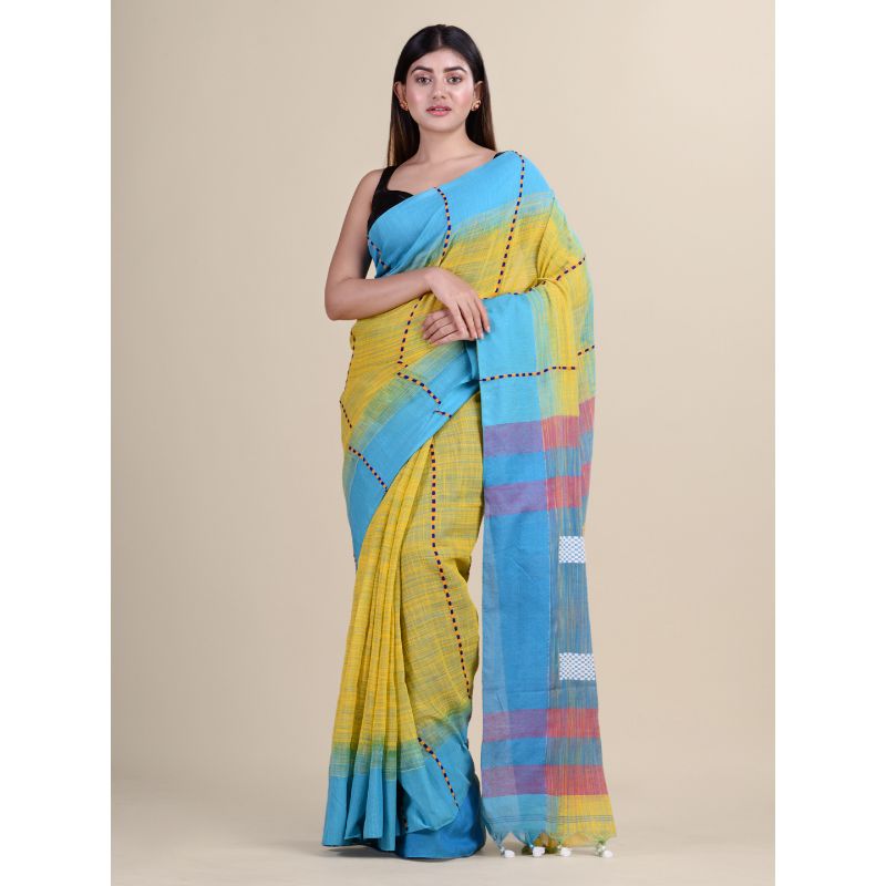 Laa Calcutta Yellow & Blue Traditional Bengal Handloom saree with Blouse material