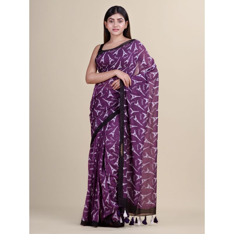 Laa Calcutta Purple & White Traditional Bengal Handloom saree withtout Blouse material