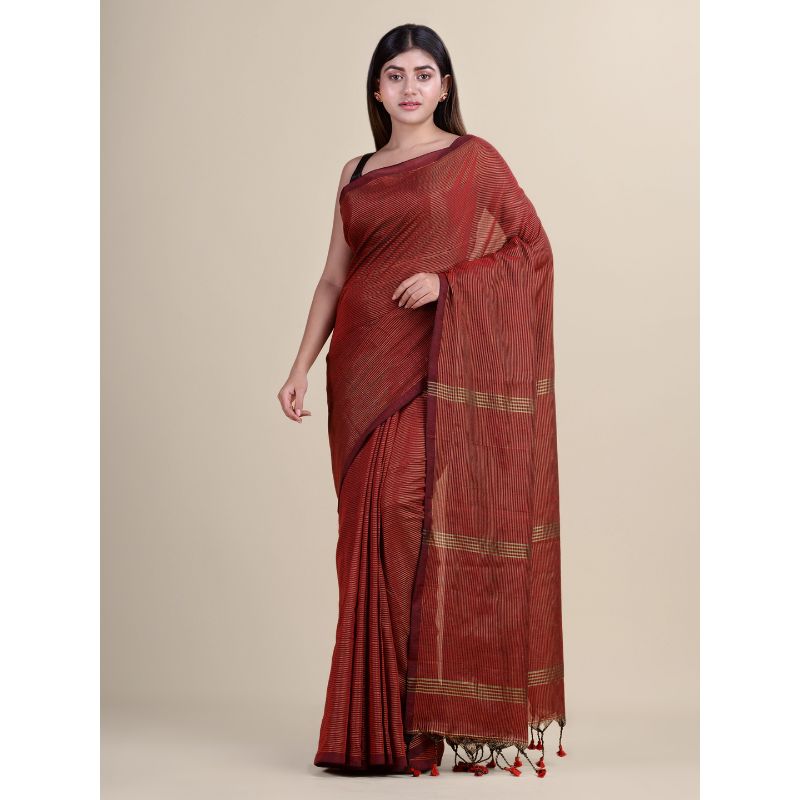 Laa Calcutta Red &Golden Zori Traditional Bengal Handloom saree with Blouse material