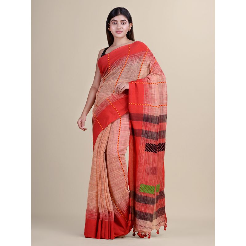 Laa Calcutta Red& Brown Traditional Bengal Handloom saree with Blouse material