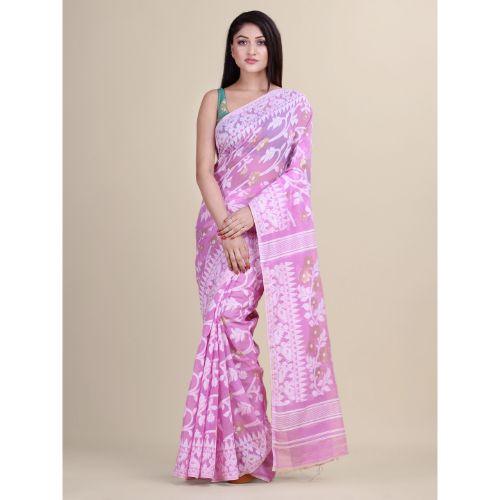 Laa Calcutta Lavender & White Traditional Jamdani saree without Blouse material