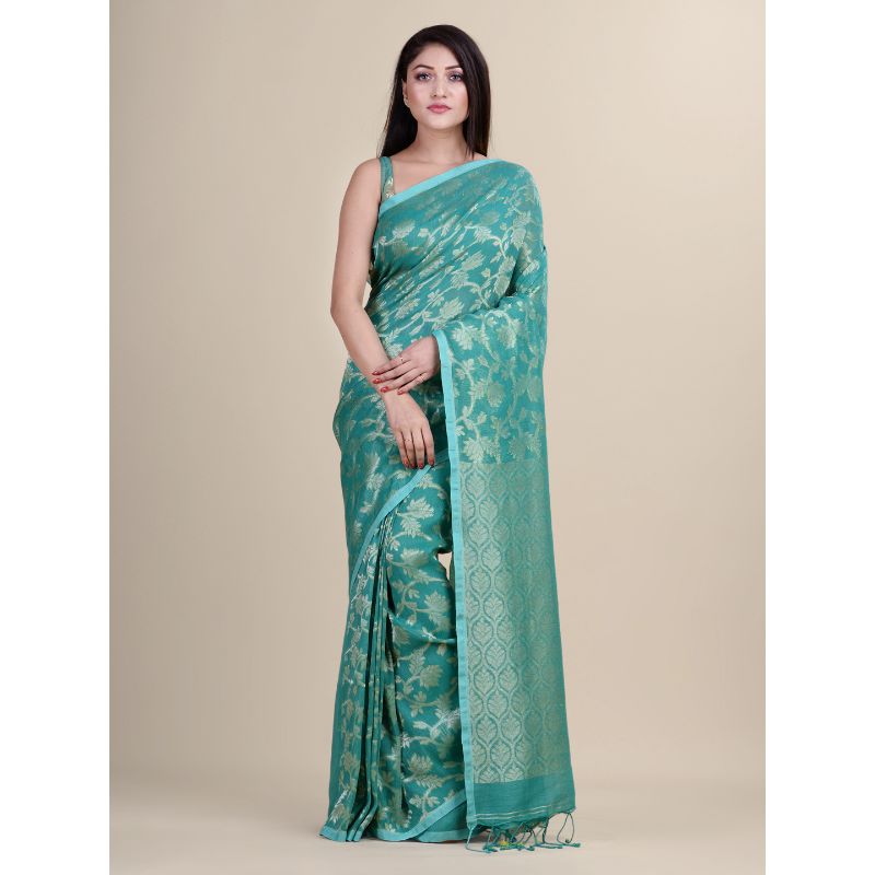 Laa Calcutta Sea Green & Golden Traditional Linen saree with Blouse material