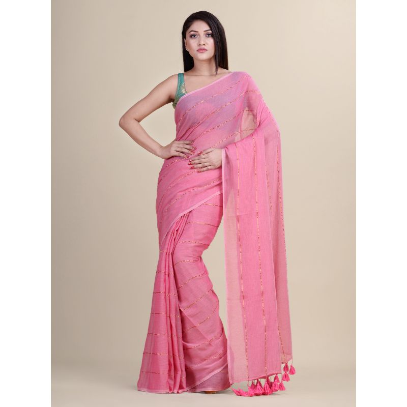 Laa Calcutta Pink Traditional Bengal Handloom saree without Blouse material