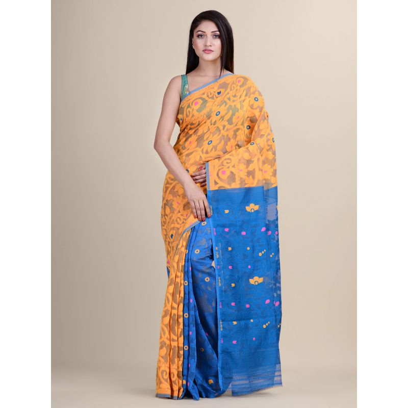 Laa Calcutta Yellow & Blue Traditional Jamdani saree without Blouse material