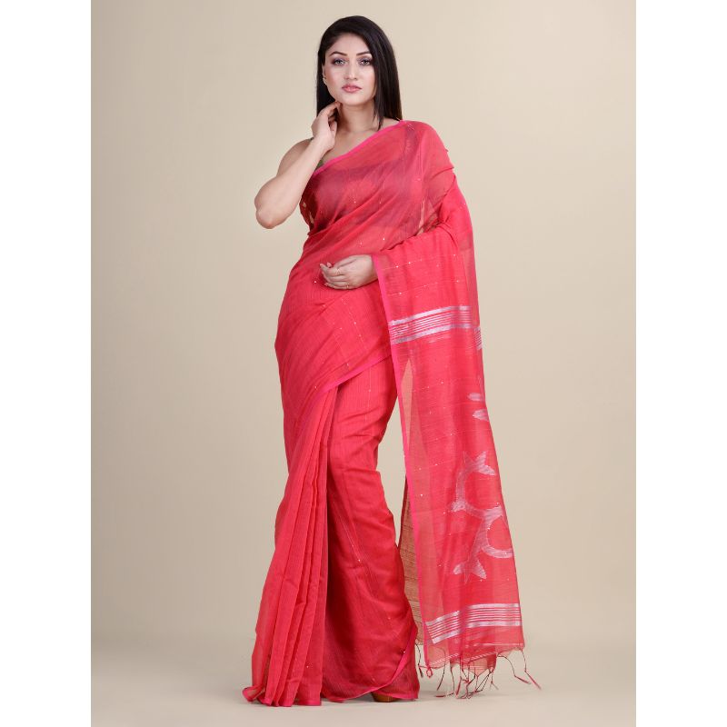 Laa Calcutta Pink & Silver Traditional Bengal Handloom saree with Blouse material