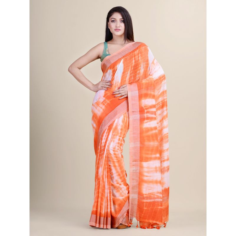 Laa Calcutta Orange & White Traditional Bengal Handloom saree with Blouse material