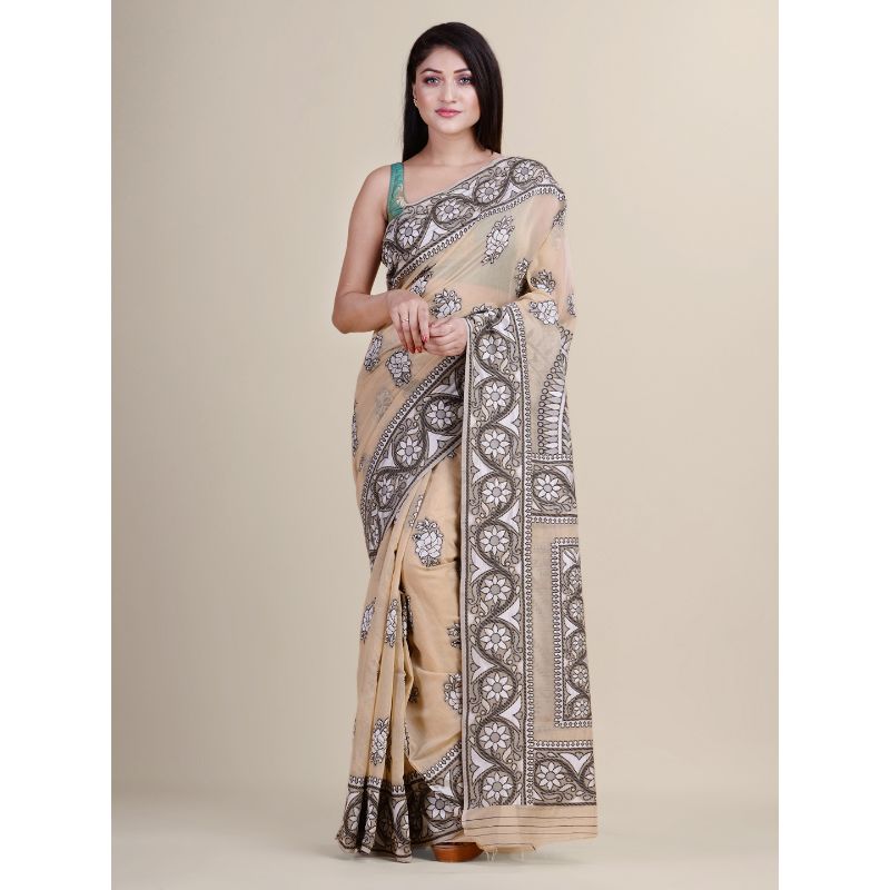 Laa Calcutta Beige & Black Traditional Bengal Handloom saree with Blouse material