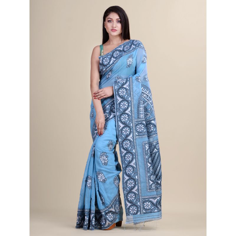 Laa Calcutta Sky Blue & Black Traditional Bengal Handloom saree with Blouse material