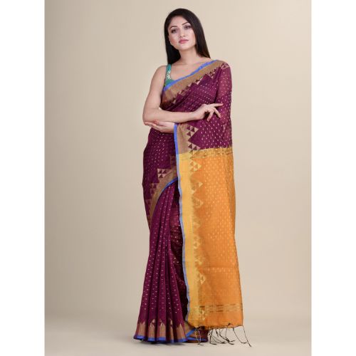 Laa Calcutta Dark Violet & Yellow Traditional Bengal Handloom saree with Blouse material
