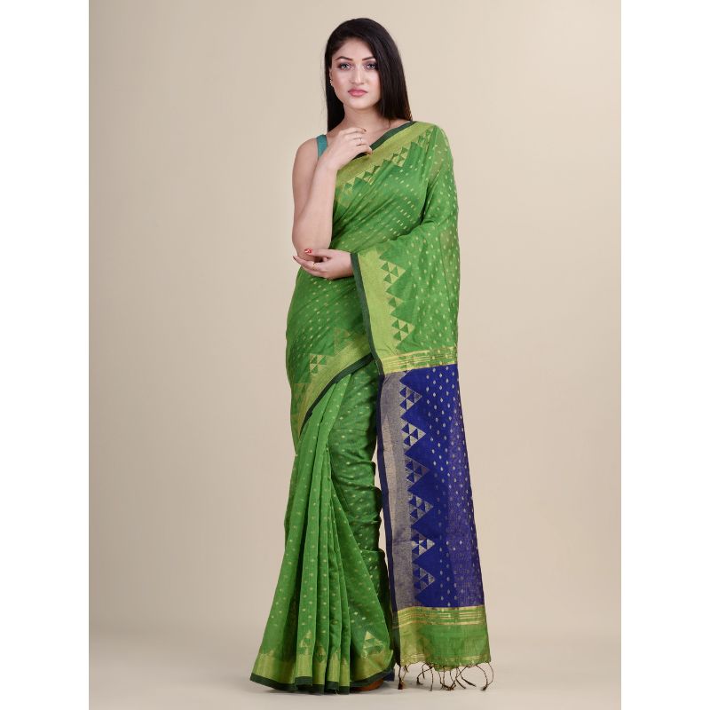 Laa Calcutta Green & Blue Traditional Bengal Handloom saree with Blouse material