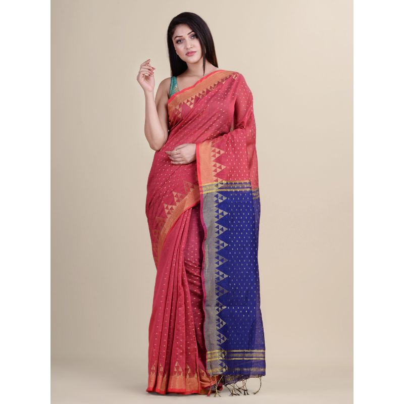 Laa Calcutta Maroon & Peacock Blue Traditional Bengal Handloom saree with Blouse material