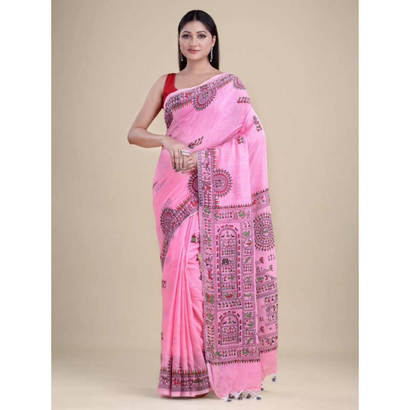 Laa Calcutta Pink & Multi Traditional Bengal Handloom saree with Blouse material