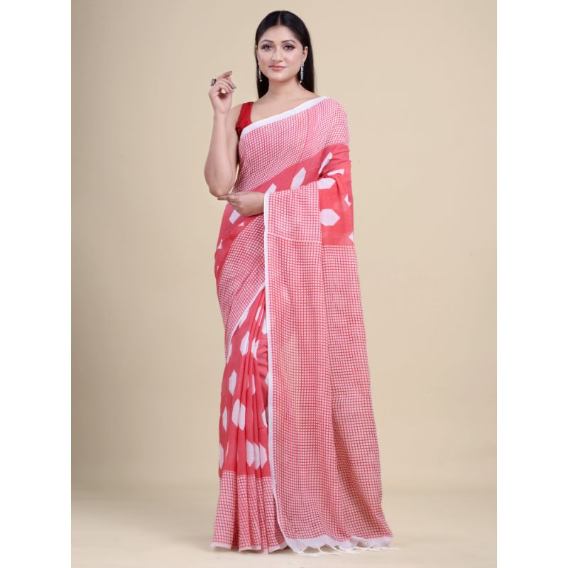 Laa Calcutta Red & White Traditional Bengal Handloom saree with Blouse material