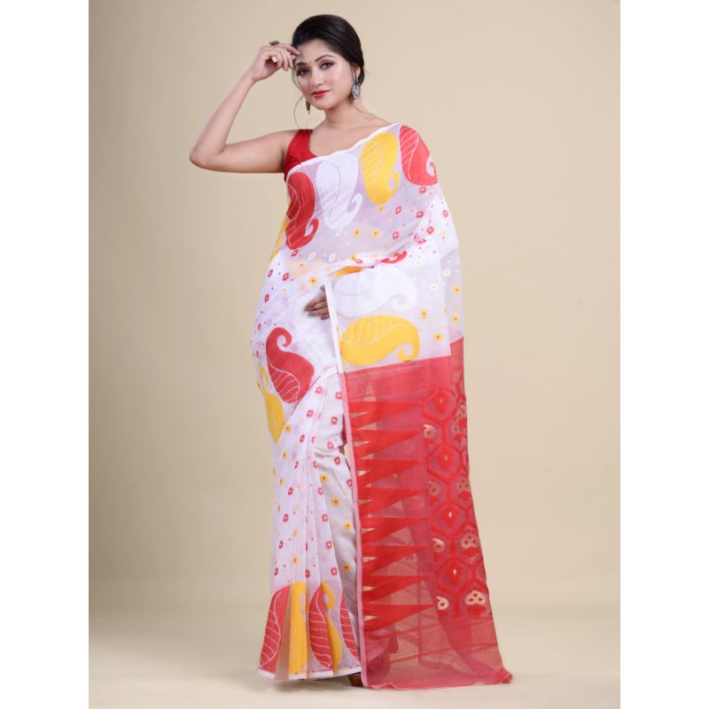 Laa Calcutta White & Red Traditional Jamdani saree without Blouse material