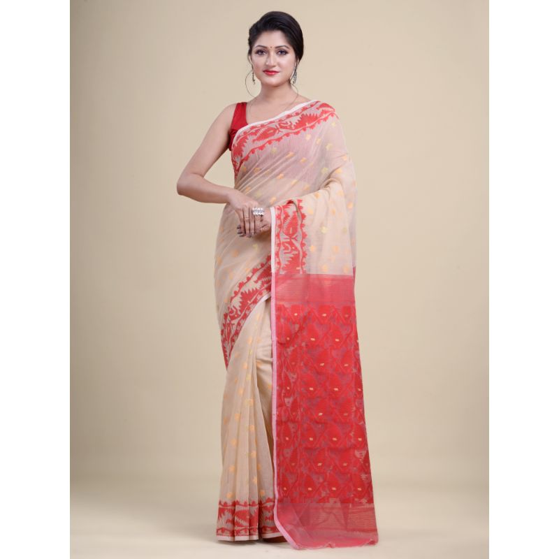 Laa Calcutta Off-White & Red Traditional Jamdani saree without Blouse material
