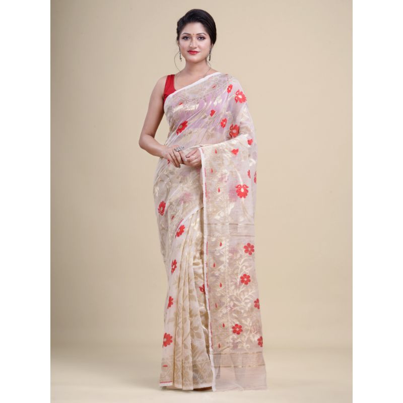 Laa Calcutta Off-White & Golden Traditional Jamdani saree without Blouse material