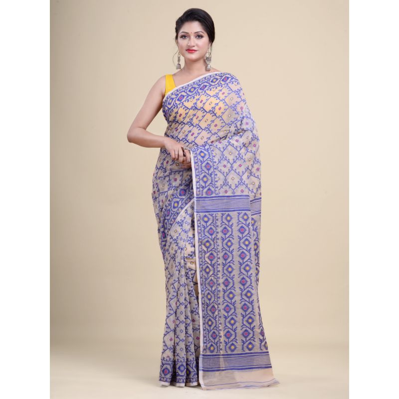 Laa Calcutta Off-White & Blue Traditional Jamdani saree without Blouse material