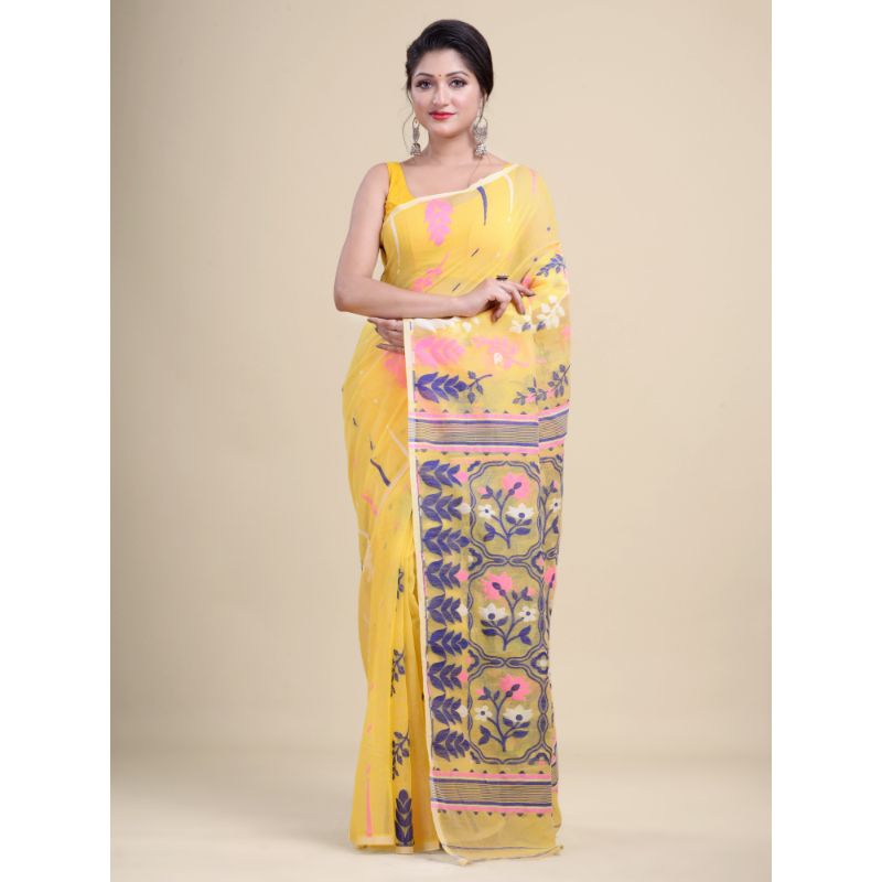 Laa Calcutta Yellow & Blue Traditional Jamdani saree without Blouse material