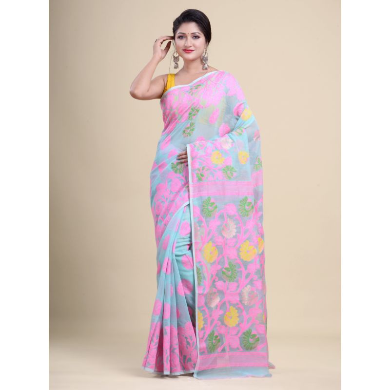 Laa Calcutta See Green & Pink Traditional Jamdani saree without Blouse material