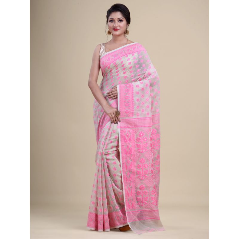 Laa Calcutta Off-White & Pink Traditional Jamdani saree without Blouse material