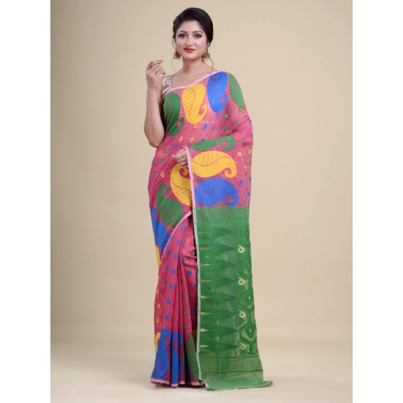 Laa Calcutta Pink & Green Traditional Jamdani saree without Blouse material