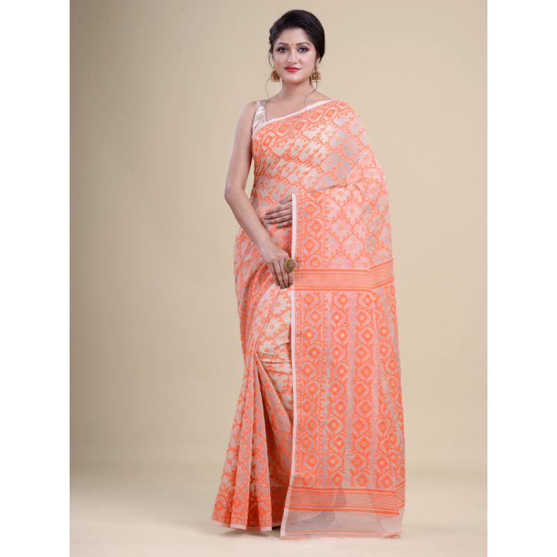 Laa Calcutta Off-White & Orange Traditional Jamdani saree without Blouse material