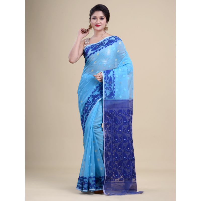 Laa Calcutta Sky Blue & Royal Blue Traditional Jamdani saree without Blouse material