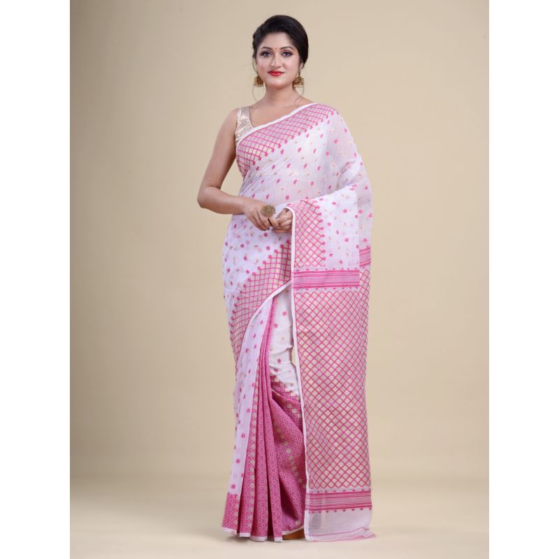 Laa Calcutta White & Pink Traditional Jamdani saree without Blouse material