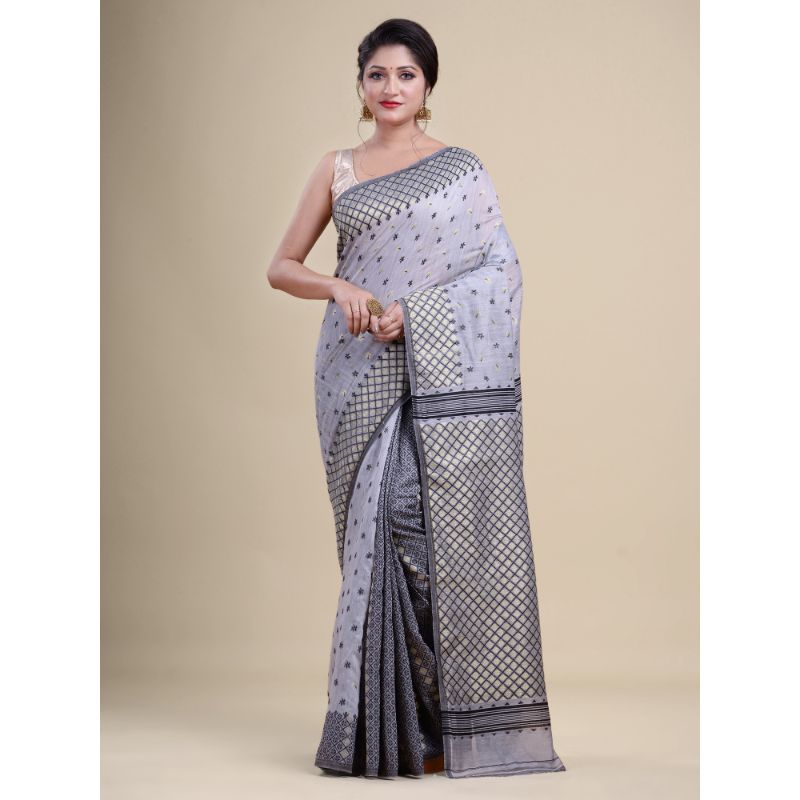 Laa Calcutta Grey & Black Traditional Jamdani saree without Blouse material