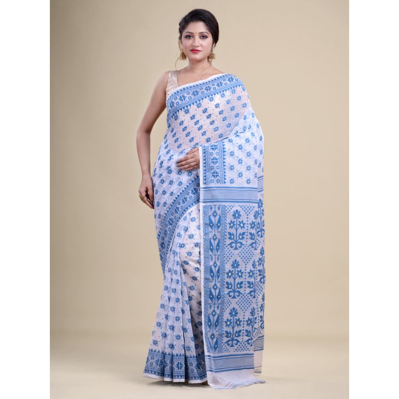 Laa Calcutta White & Blue Traditional Jamdani saree without Blouse material
