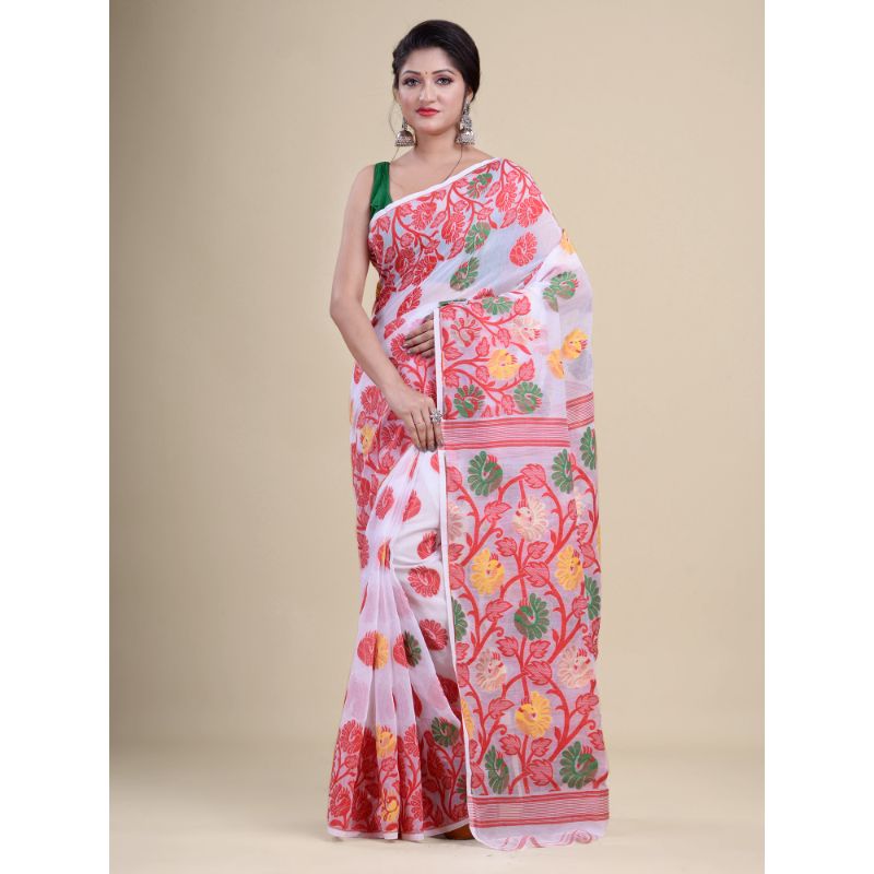 Laa Calcutta White & Red Traditional Jamdani saree without Blouse material