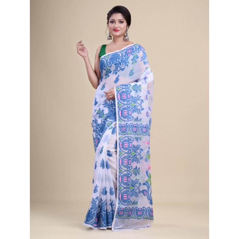 Laa Calcutta White,Blue & Green Traditional Jamdani saree without Blouse material