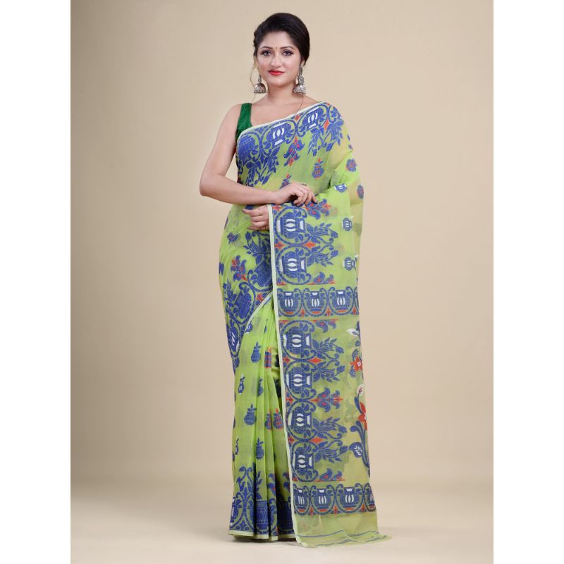Laa Calcutta Green,Blue & Red Traditional Jamdani saree without Blouse material