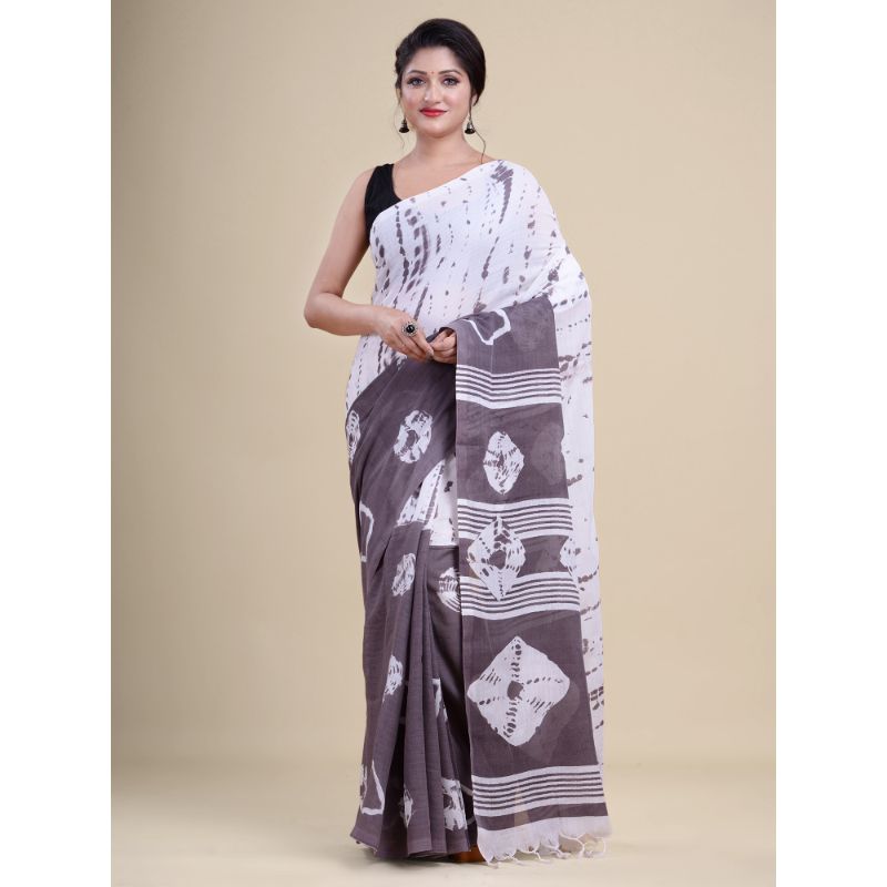 Laa Calcutta Brown & White Traditional Bengal Handloom saree with Blouse material.