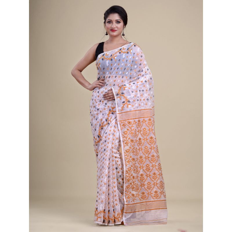 Laa Calcutta White & Brown Traditional Jamdani saree without Blouse material