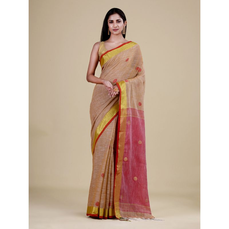 Laa Calcutta Golden & Red Traditional Handloom saree with Blouse material