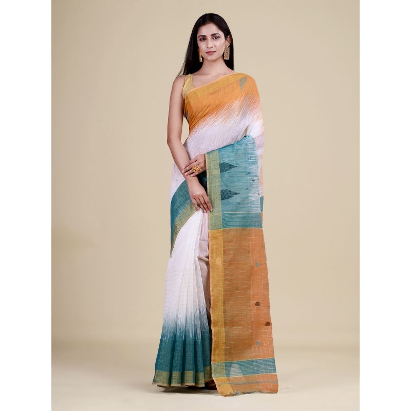 Laa Calcutta White & Green Traditional Bengal Handloom saree with Blouse material