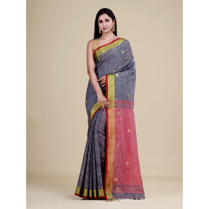 Laa Calcutta Grey & Red Traditional Handloom saree with Blouse material