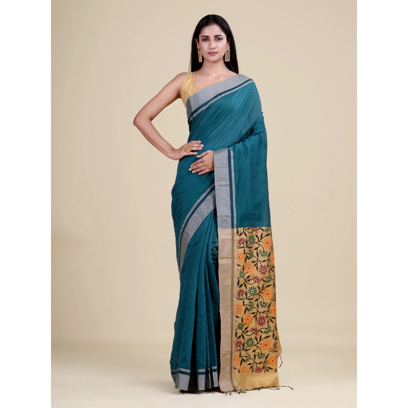 Laa Calcutta Deep Green & Golden Traditional Bengal Handloom saree with Blouse material