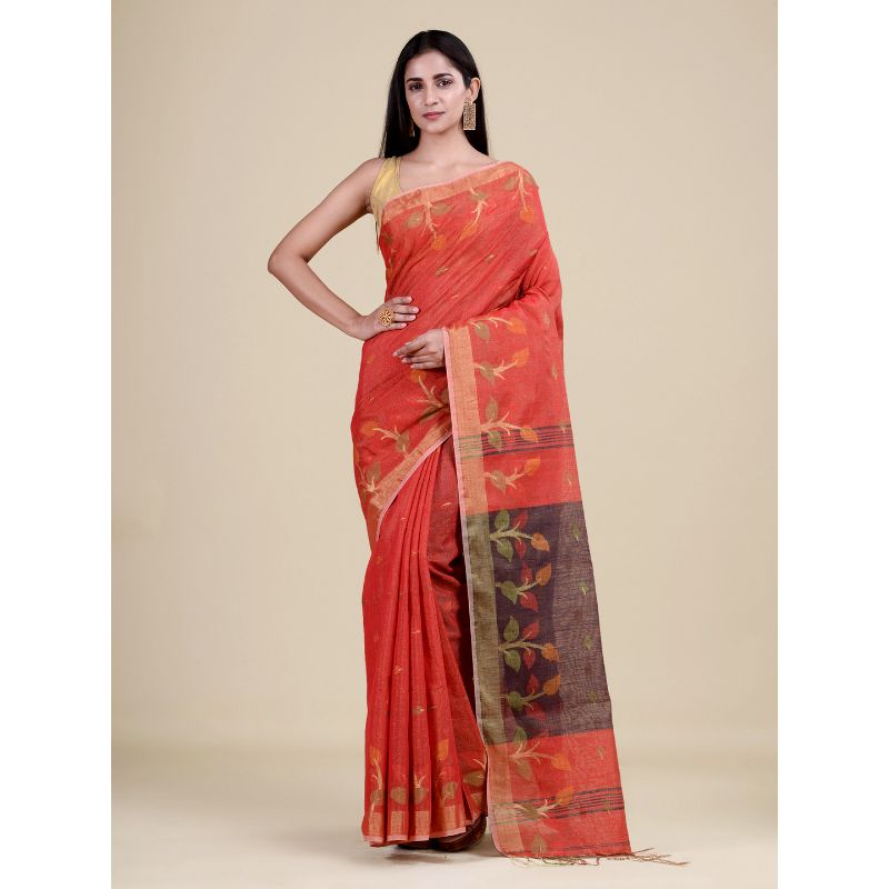 Laa Calcutta Red & Black Traditional Bengal Handloom saree with Blouse material