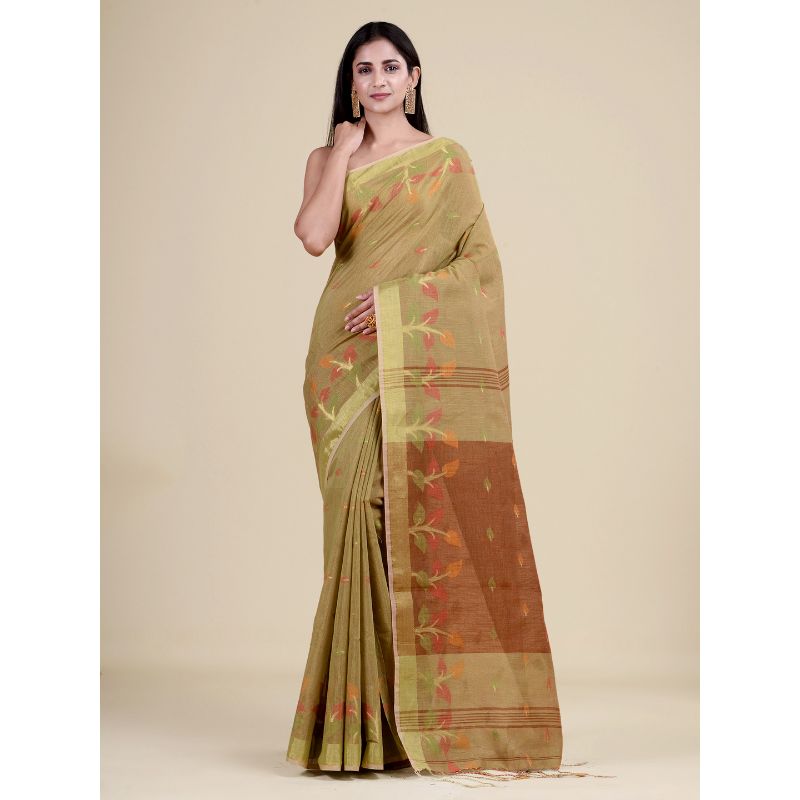 Laa Calcutta Golden & Brown Traditional Bengal Handloom saree with Blouse material