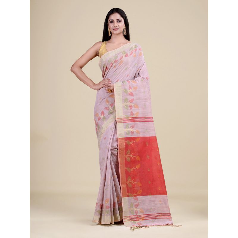 Laa Calcutta Off-White & Red Traditional Bengal Handloom saree with Blouse material