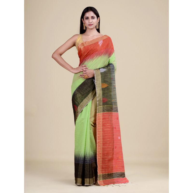 Laa Calcutta Green & Red Traditional Bengal Handloom saree with Blouse material