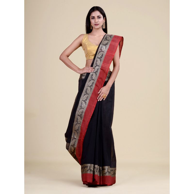 Laa Calcutta Black & Red Traditional Tant saree without Blouse material