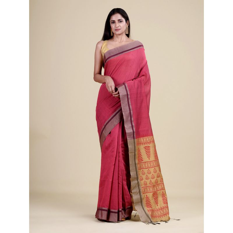 Laa Calcutta Maroon & Golden Traditional Bengal Handloom saree with Blouse material