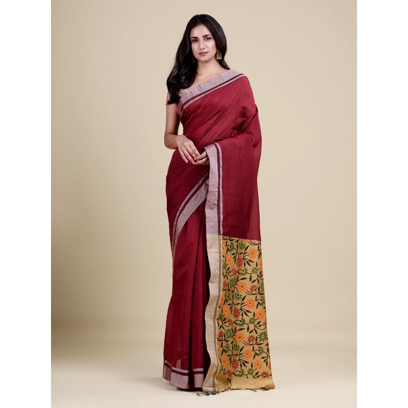 Laa Calcutta Maroon & Golden Traditional Bengal Handloom saree with Blouse material