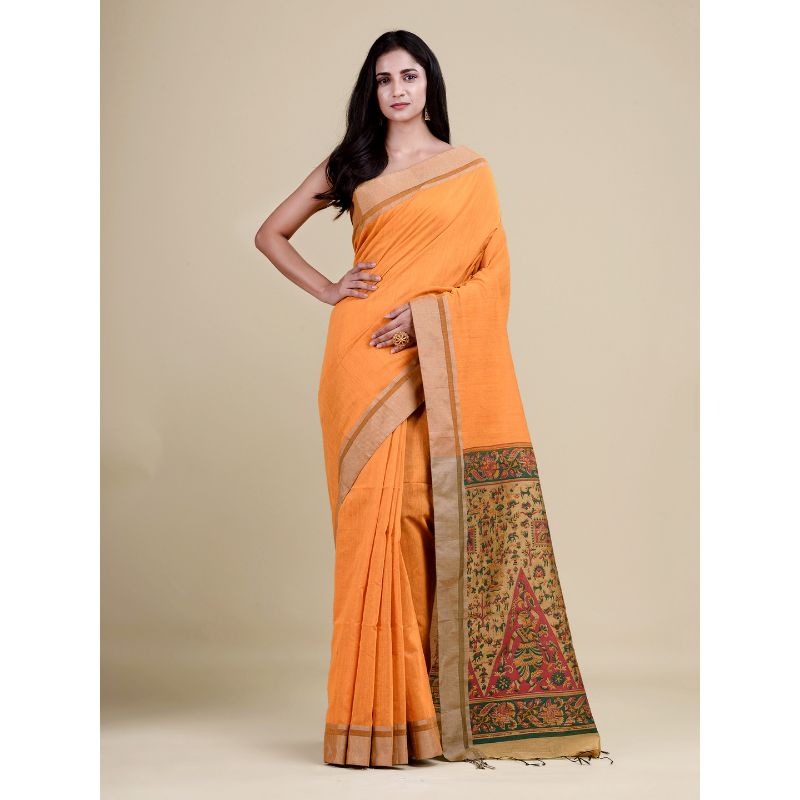 Laa Calcutta Yellow & Golden Traditional Bengal Handloom saree with Blouse material