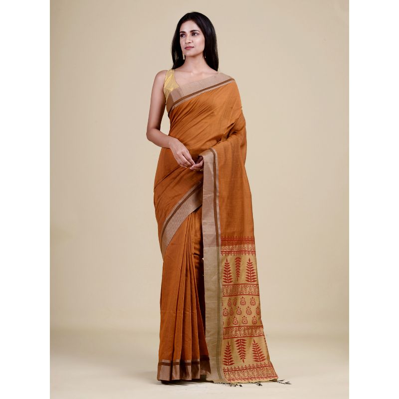Laa Calcutta Yellow & Golden Traditional Bengal Handloom saree with Blouse material