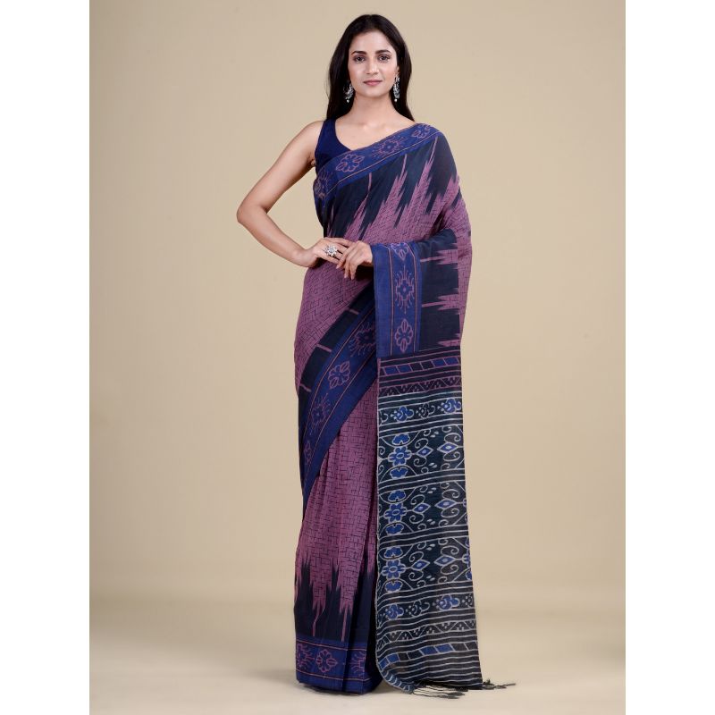 Laa Calcutta Mauve & Navy Blue Traditional Bengal Handloom saree with Blouse material
