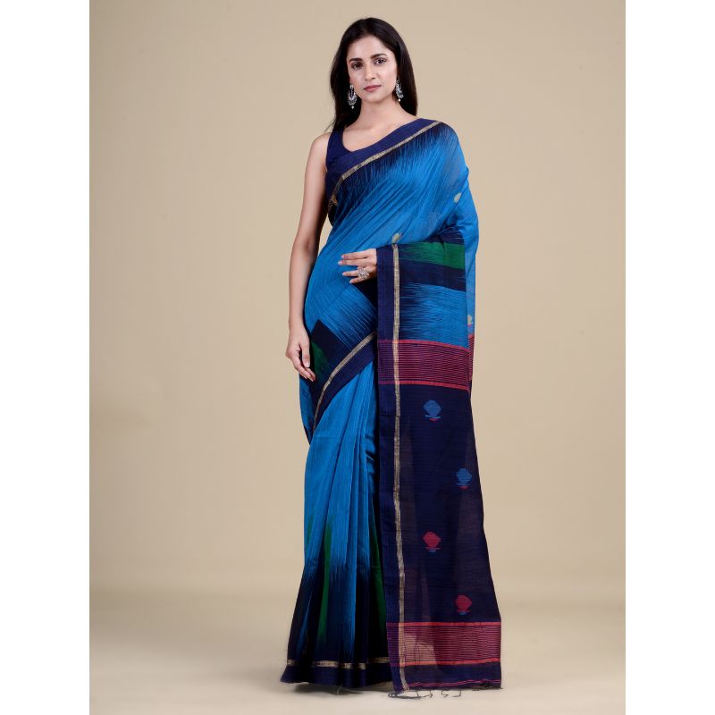 Laa Calcutta Royal Blue & Navy Blue Traditional Bengal Handloom saree with Blouse material